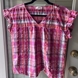Loft Outlet Pink/Orange/Purple/White Plaid V-Neck Top in Size S